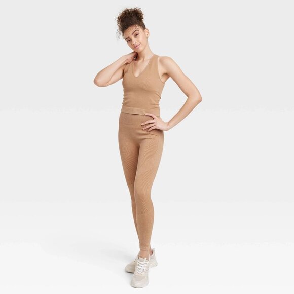 Medium - Womens High-Rise Ribbed Seamless 7/8 Leggings - JoyLab - Tan - Picture 4 of 10